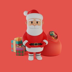 Red 3D Santa Claus. Illustration for Christmas, New Year With Presents