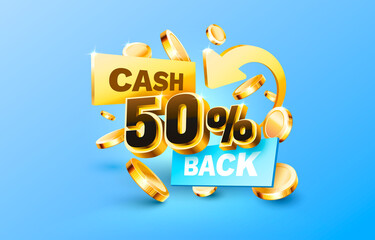 50 Cash back service, financial payment label. Vector