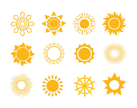 Set of sun icons. Collection of minimalistic icons for childrens. Grafic elements for meteorological websites, good weather symbol. Cartoon flat vector illustrations isolated on white background