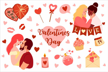 Vector cute objects and elements for Valentine's Day cards. vector flat collection