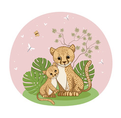 Mom and baby leopard. Cute family of animals, beautiful pictures for printing on childrens clothes. Africa, savannah, wildlife and nature. Tropical charcters. Cartoon flat vector illustration