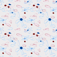 Seamless pattern and flowers drawn by line markers on a light background. For fabric, sketchbook, wallpaper, wrapping paper.