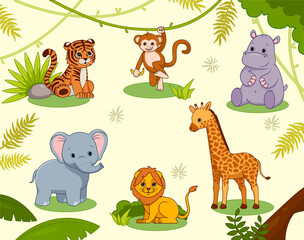 Obraz na płótnie Canvas Jungle animals pattern. Collection of characters for children. African savannah, fauna, tropical forests. Picture for printing on fabric. Wildlife, greenery. Cartoon flat vector illustration