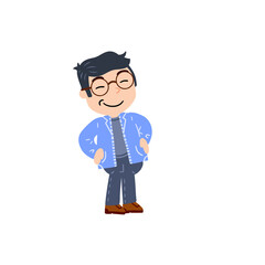 Little boy with glasses. Happy smart child. Cute Character in blue clothes. Flat cartoon