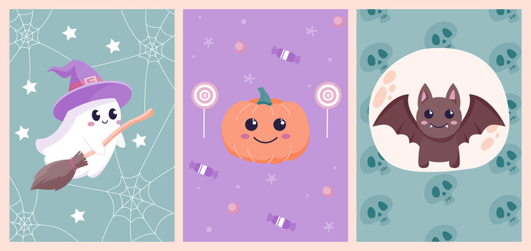 Cute Halloween posters set. Collection of pictures with cute characters for children. Ghost, pumpkin and bat. Stylish design of site. Cartoon flat vector illustrations isolated on beige background