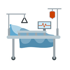 Medical bed on wheels. Clinic furniture. Life support equipment. Hospital bed or stretcher with pillow and blanket. Pulse screen and blood transfusion. Flat cartoon
