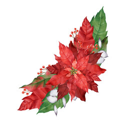 The composition on the corner is made of red poinsettia, bright leaves, a lunaria flower and red berries. Decoration for festive greetings for Christmas and New Year. 