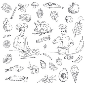 The cooks prepares the dishes. Organic fruits, vegetables, fish and meat. Vector illustration.