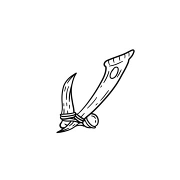 Fish hook made of bone and fang. Tool of primitive man of Stone Age. Old tool for fishing and hunting. Cartoon outline illustration