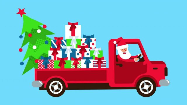 Santa Claus is carrying Christmas tree and gifts on the red truck. Looped animation with alpha channel.