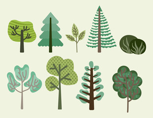 Fototapeta premium Set of trees. Collection of beautiful stickers and icons for childrens. Nature, fauna, plants. Forest, summer and spring, branch. Cartoon flat vector illustrations isolated on green background