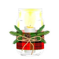 Jar wrapped with ribbon in Scottish cage, tied with rope, decorated with fir branch, cone for banners, posters, social media. Christmas, New Year. Vector illustration isolated on white background