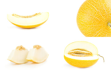 Collage of yellow cantaloupe isolated over a white background