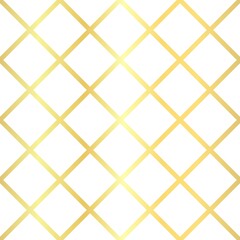 Gold cell grid, elegant shiny metal diagonal lines seamless pattern on the white background. Vector illustration.