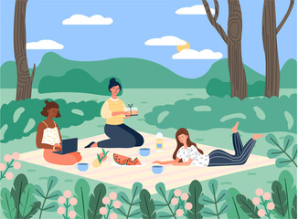 Spending summer time outdoor. Girlfriends went out for picnic, active lifestyle, outdoor recreation. Nice weekend, lovely weather. Nature, park, fresh air, rest. Cartoon flat vector illustration