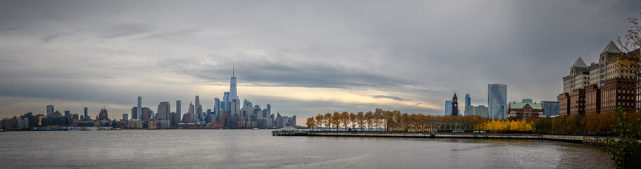 Hoboken, NJ  USA - 11 14 2021: Midtown Manhattan and Hudson River from Hoboken - Pier C Park