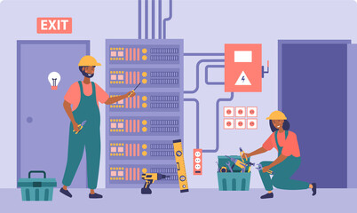 Professional electricians concept. Man and girl in special uniforms work near dashboard. Workers repair house, tools, equipment. Characters checking electricity box. Cartoon flat vector illustration