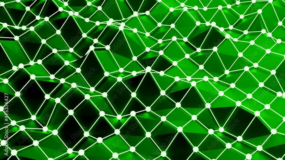 Poster Plexus of abstract geometric lines with moving triangles and dots. Design. Digital rippling and moving connected texture, seamless loop.