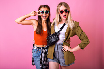 Lifestyle cheerful portrait or two stylish pretty woman posing together,