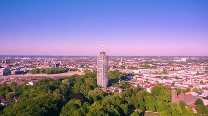 Fototapeta premium Bird's eye view of the city of Augsburg. Purple sky over the city. Bayern, Germany. 