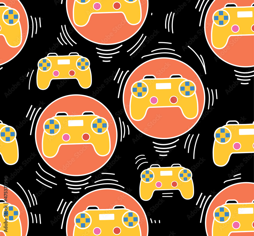 Poster seamless bright pattern. collection of graphic elements for electronics site. vintage gamepad or con