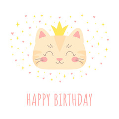 Greeting card with cute cat princess face. Funny animal cartoon character in simple hand-drawn Scandinavian style. Ideal for postcard, room posters, cover. Vector illustration isolated on white