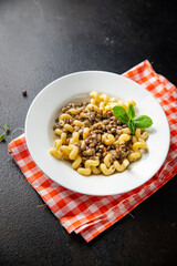 pasta lentil sauce healthy meal food snack on the table copy space food background rustic top view