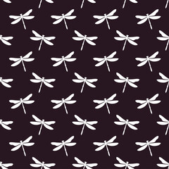 Dark purple seamless pattern with white dragonflies. Cute and childish design for fabric, textile, wallpaper, bedding, swaddles toys or gender-neutral apparel.