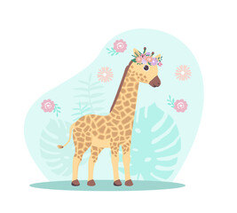 Fototapeta na wymiar Baby Giraffe on jungle background. Stylish and cute patterns for printing on childrens clothes. Stickers with beautiful characters. Africa, safari, wildlife. Cartoon flat vector illustration