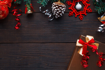 Christmas decorations with gift box and copy space for text, ideas for presents on holiday.