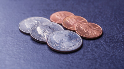 Pile of Golden coin, silver coin, copper coin, quarters, nickels, dimes, pennies, fifty cent piece and dollar coins. Various USA coins, American coins for business, money, financial coins and economy