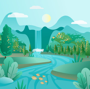 Landscape with waterfall. Beautiful nature, fresh air and flora. Picture for printing on clothes. Tourism and hikes, summer, outdoor. Beautiful scenery view. Cartoon flat vector illustration