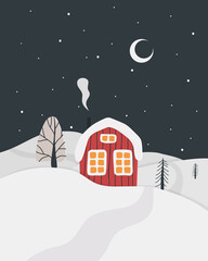 Fototapeta premium Winter house, chalet, house in a nature landscape of snowdrifts and fir trees. A symbol of winter recreation, solitude. Eps10 vector illustration of a small house