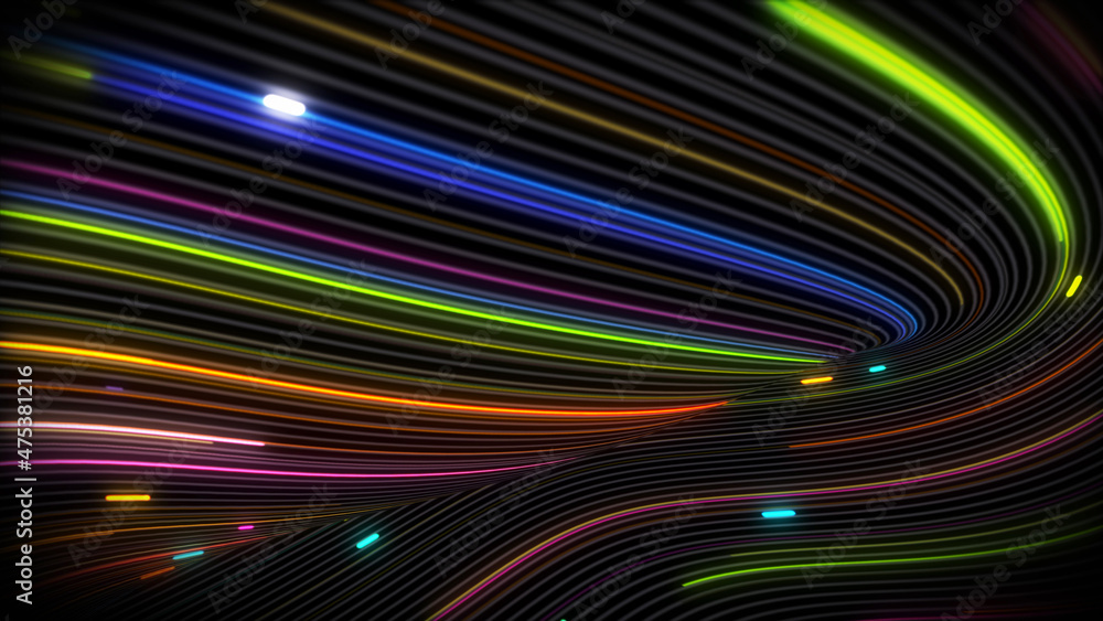 Poster 3d rendering of spiral bright vortex streams of light on a surface with lines