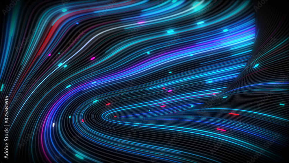 Poster 3d rendering of spiral bright vortex streams of light on a surface with lines