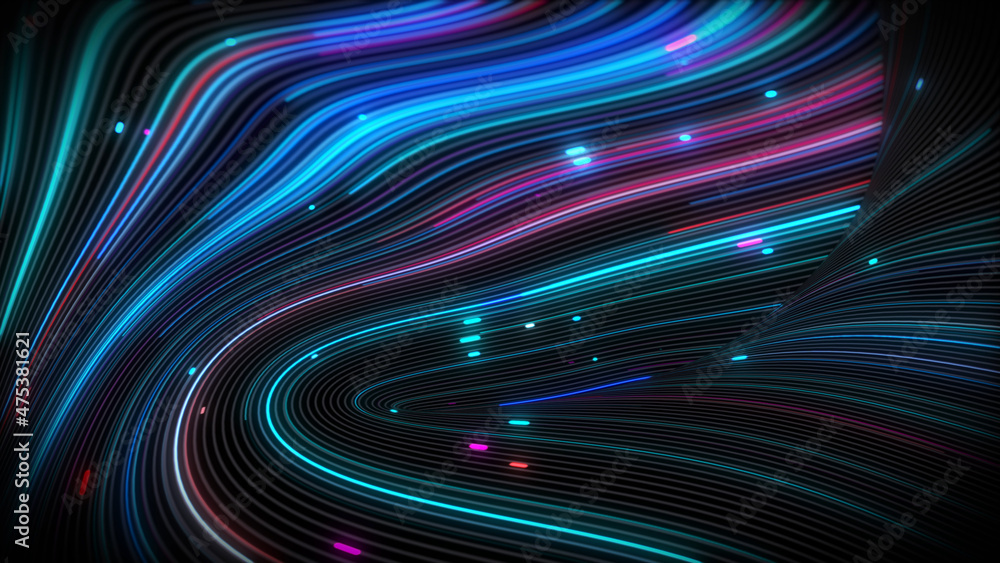 Poster 3d rendering of spiral bright vortex streams of light on a surface with lines