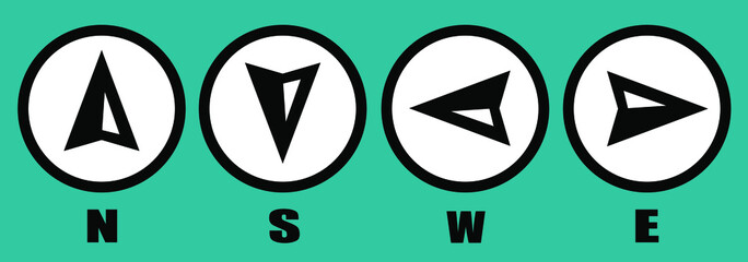 Vector compass icons of north, south, east and west direction. Map symbol. Arrow icon. Vector illustration.

