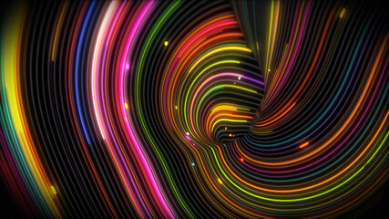 3D rendering of spiral bright vortex streams of light on a surface with lines