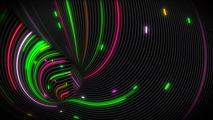 3D rendering of spiral bright vortex streams of light on a surface with lines