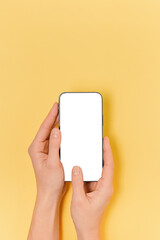 Fototapeta na wymiar Female hands holding the phone with isolated white screen. Smartphone with white blank screen