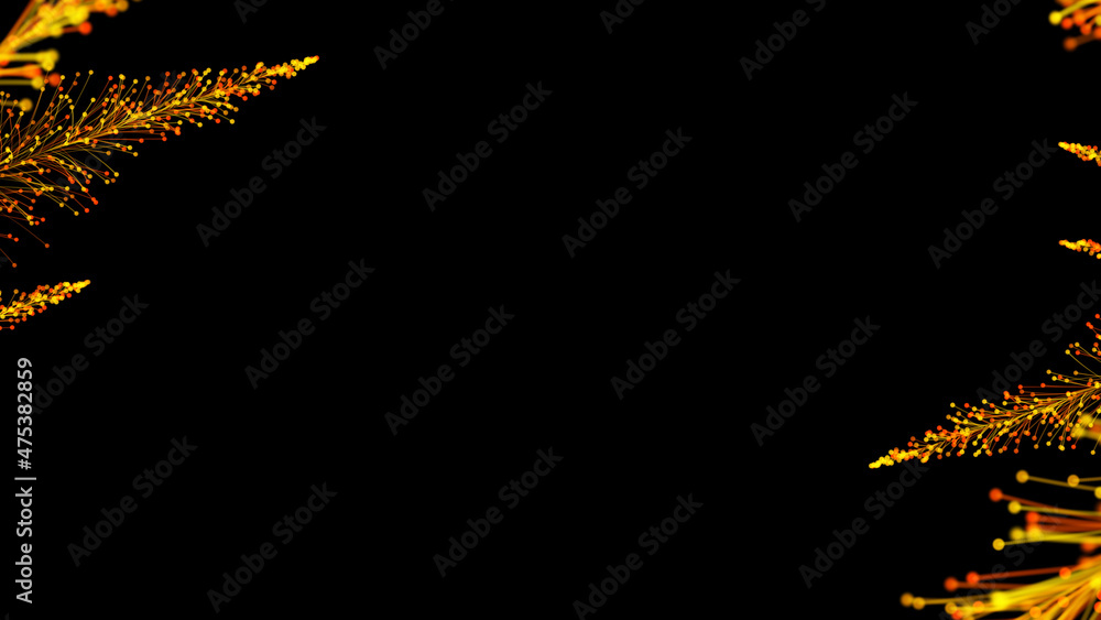 Poster 3d rendering of stylish bright branches on a black background, which form an elegant frame