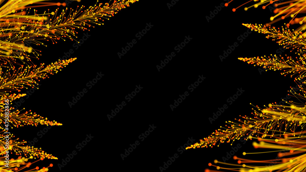 Poster 3d rendering of stylish bright branches on a black background, which form an elegant frame