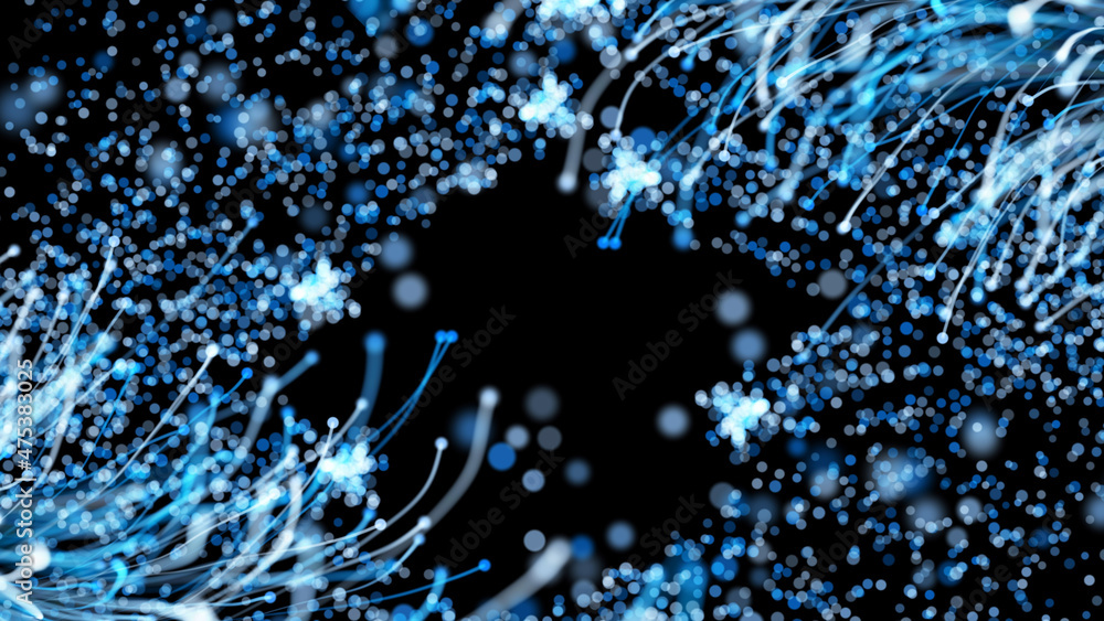 Poster 3d rendering of stylish christmas bright branches with particles on a black background forming an el
