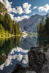 Fototapeta na wymiar Sunny day on Lake Braies in Dolomites in Italy