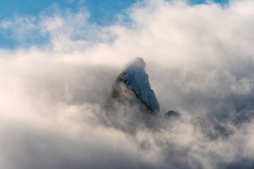 Landscape of island shrouded in mist, Antarctica