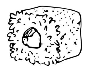 sketch of a sushi roll. Hand-drawn sketch of a Japanese-style sushi roll, rectangular shape with rice and stuffing with a black line on white for the design of the packaging template, leaflets, menu