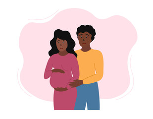 Pregnant couple. Happy married african american pregnant woman and hugging her man. Expectant mom and dad couple. Vector flat illustration