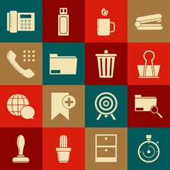 Set Briefcase, Search concept with folder, Binder clip, Cup of tea and leaf, Document, Telephone handset, and Trash can icon. Vector