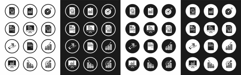 Set Target, Computer monitor with resume, Resume, Document graph chart, Clipboard, Pie infographic and coin and Money hand icon. Vector