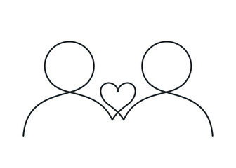Continuous line drawing of two people with a heart between them on a white background. Vector illustration